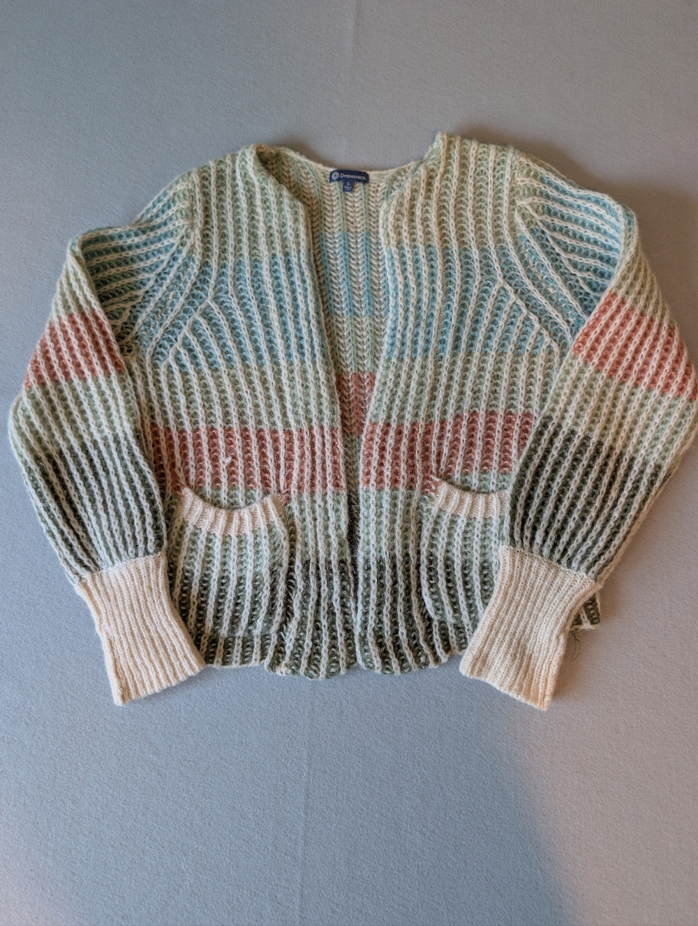 Democracy Wool Blend Open Front Ribbed Open Knit Multicolor Stripe Cardigan Sz L image 5